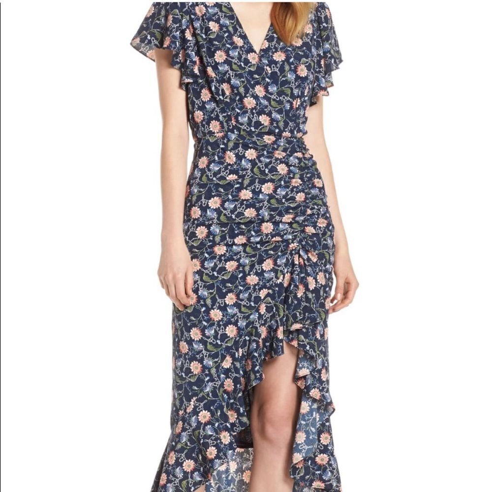 Chelsea28 Navy Floral Faux Wrap High-Low Ruffle Midi Dress Flutter Sleeve‎ S